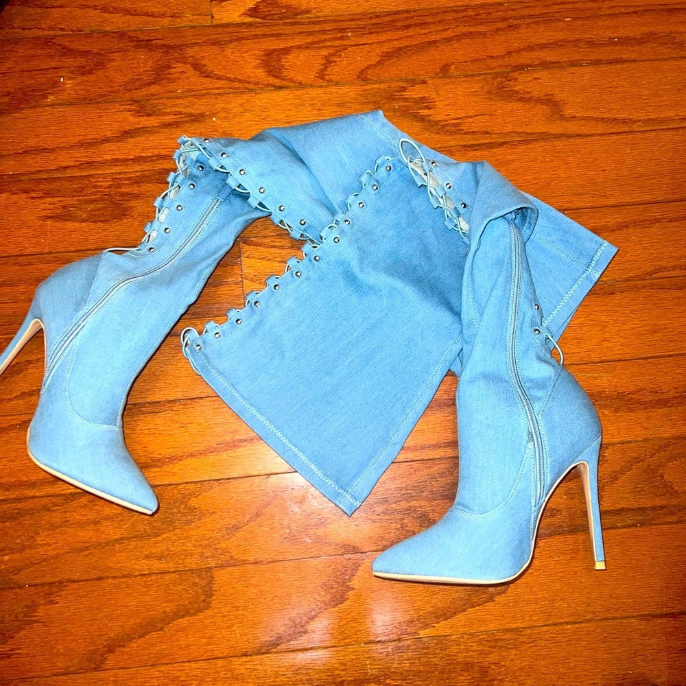 Denim thigh high boots